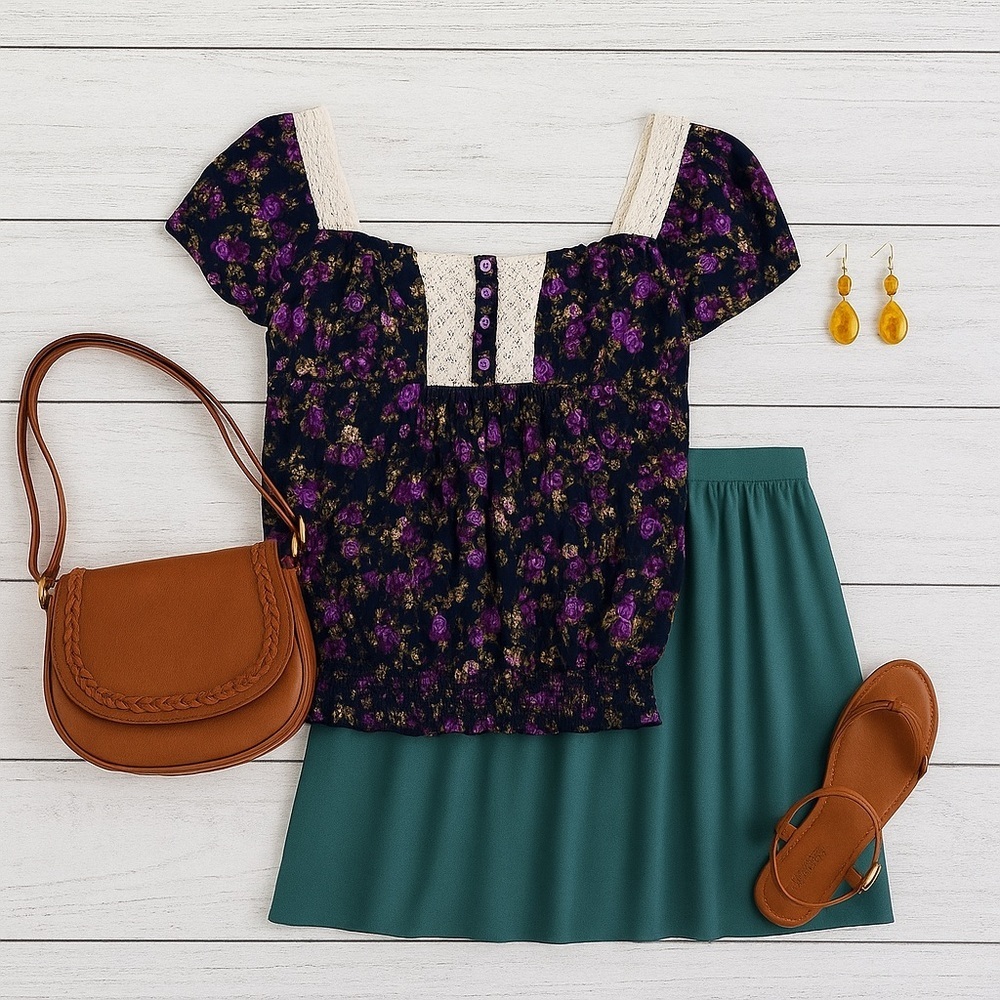 Mossimo Supply Co. | Boho Style Floral Blouse with Lace Detail - Picture 2 of 9